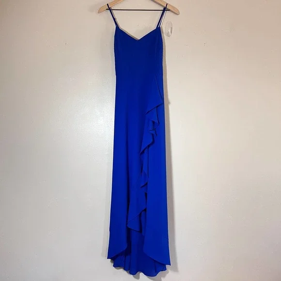 Belle Badgley Mischka Royal Blue Cobalt Dress Maxi Cross Back Ruffle  Women's 10